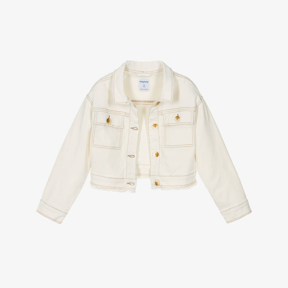 Mayoral-Girls Ivory Denim Jacket with Frayed Hem | Childrensalon