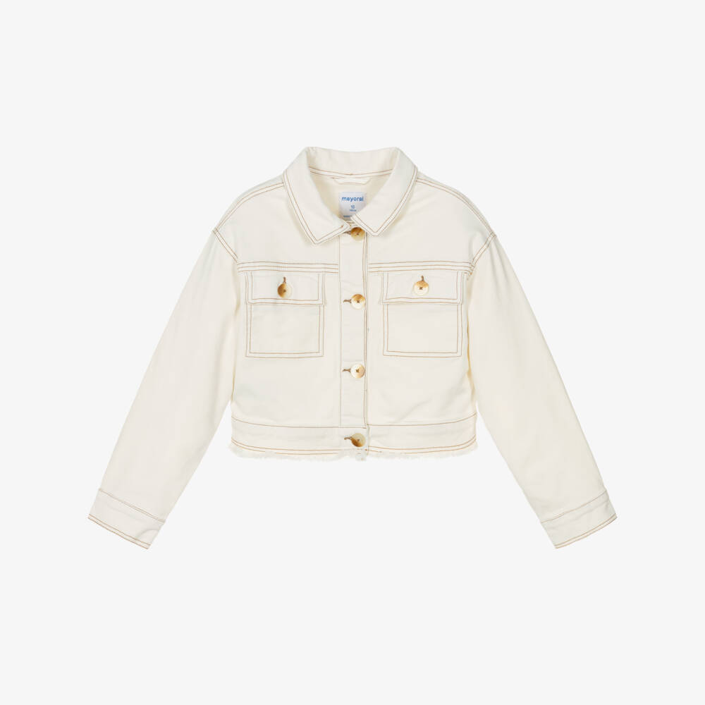 Mayoral-Girls Ivory Denim Jacket with Frayed Hem | Childrensalon