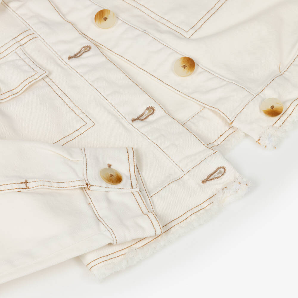 Mayoral-Girls Ivory Denim Jacket with Frayed Hem | Childrensalon
