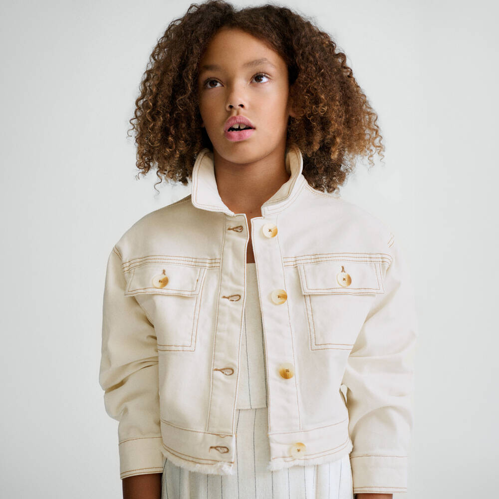 Mayoral-Girls Ivory Denim Jacket with Frayed Hem | Childrensalon