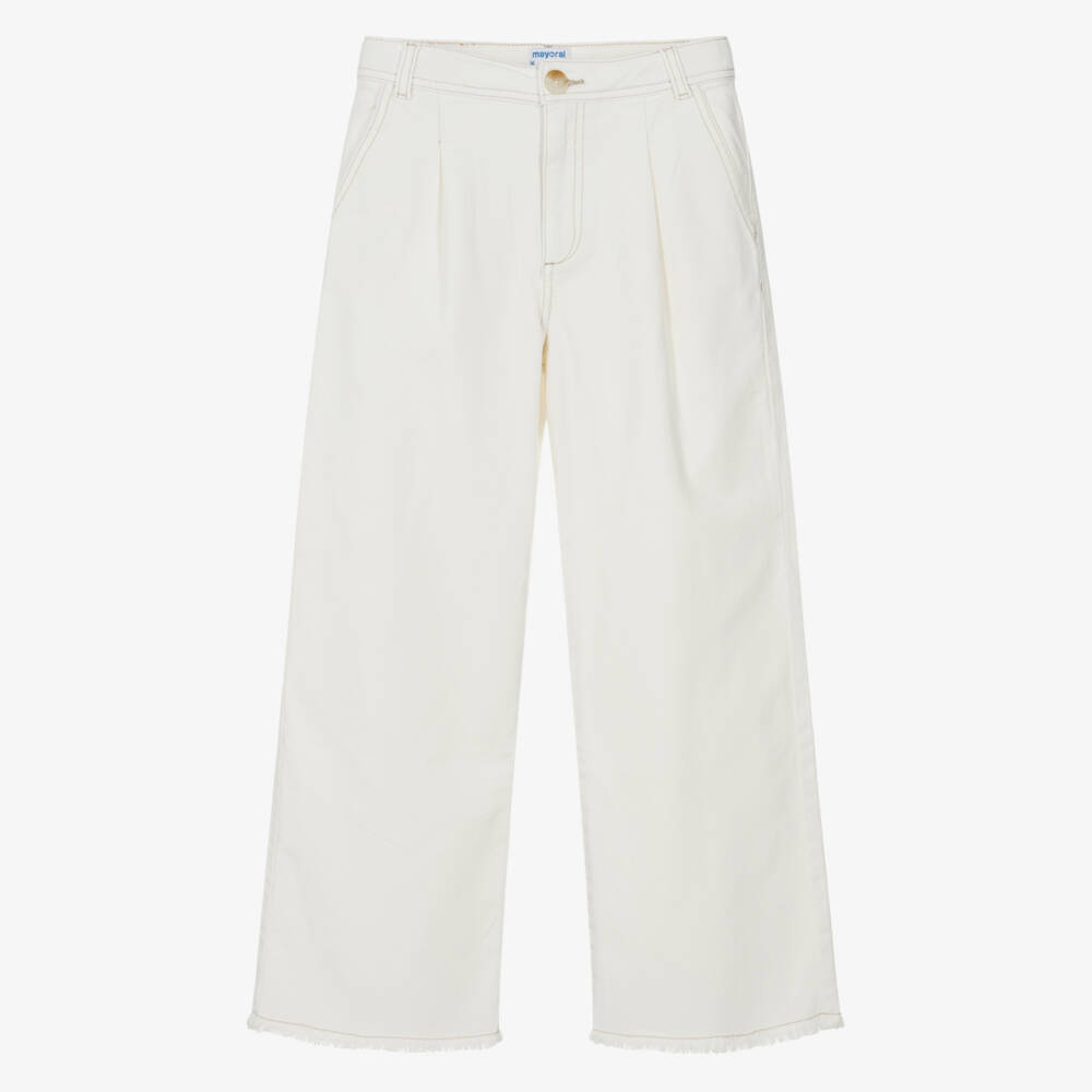 Mayoral-Girls Ivory Denim Wide Leg Jeans with Frayed Hem | Childrensalon
