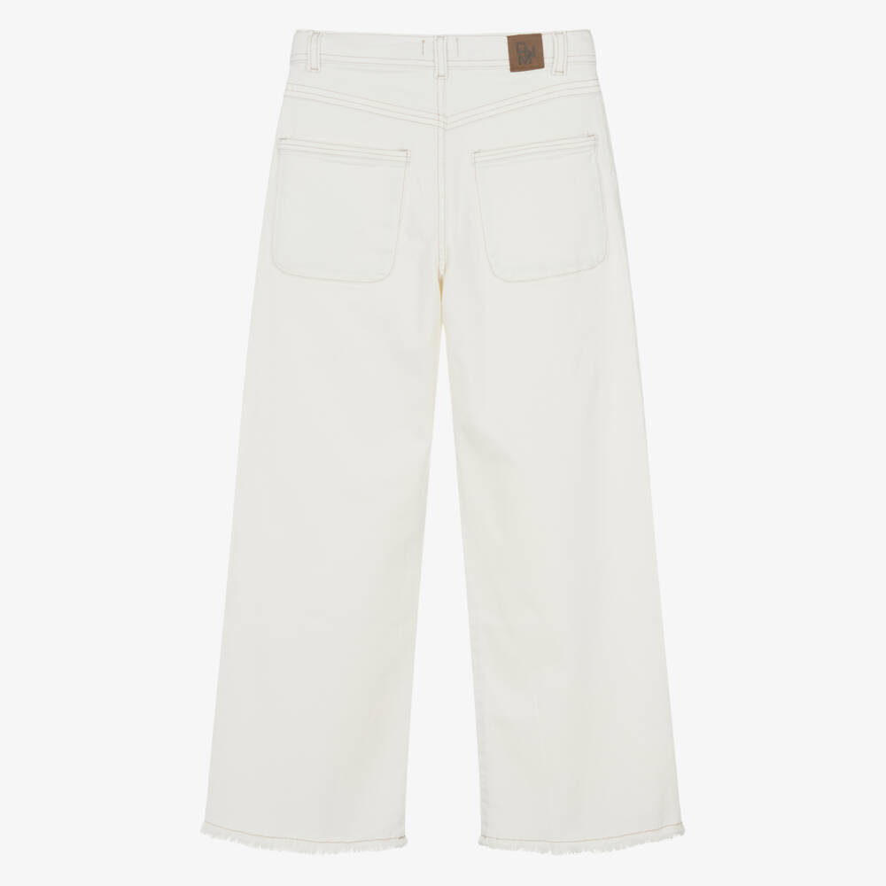 Mayoral-Girls Ivory Denim Wide Leg Jeans with Frayed Hem | Childrensalon