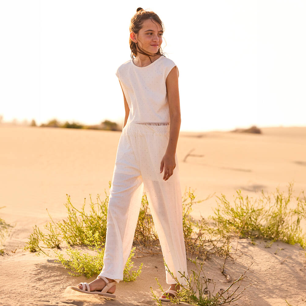 Mayoral-Girls Ivory Diamanté Fringed Trouser Set | Childrensalon