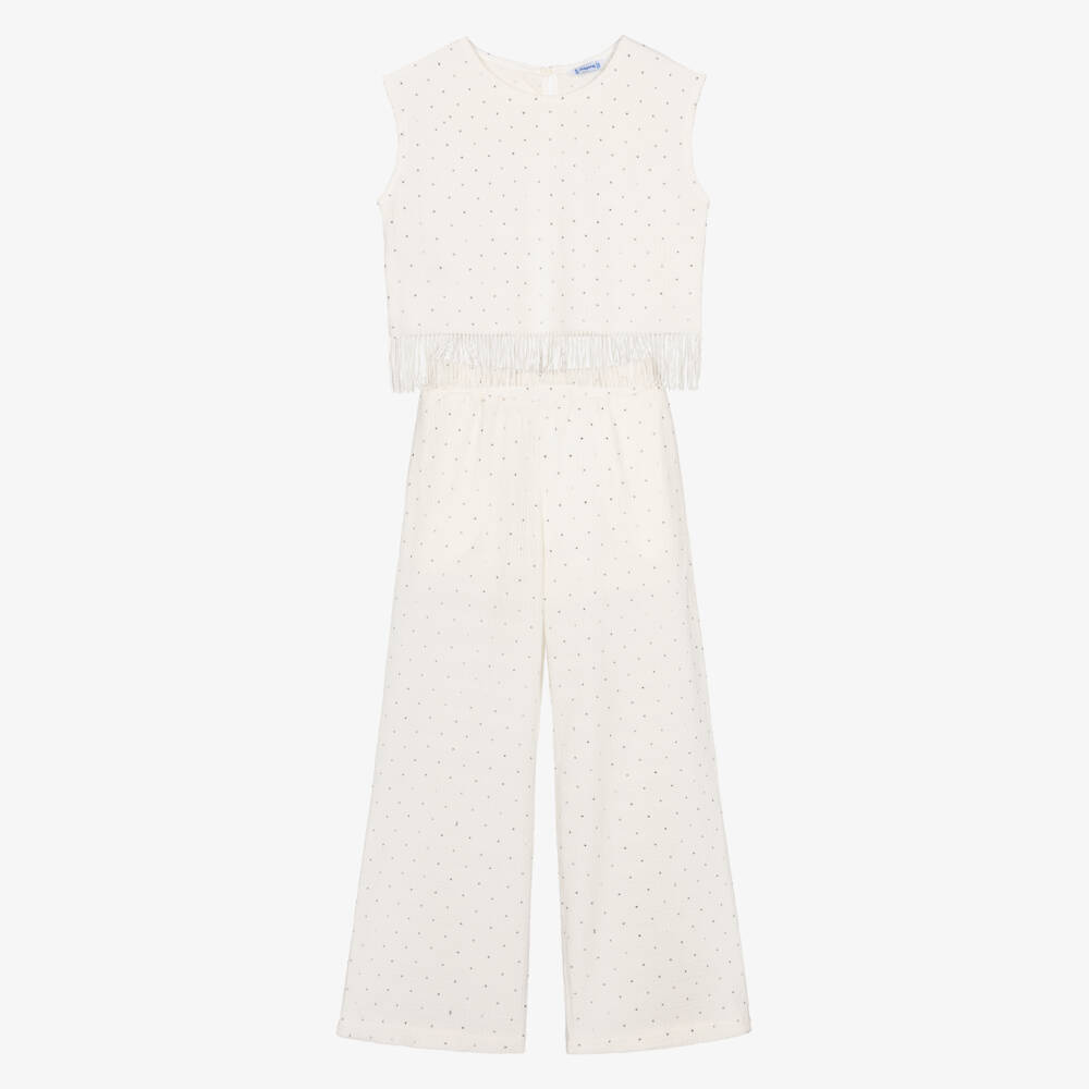 Mayoral-Girls Ivory Diamanté Fringed Trouser Set | Childrensalon