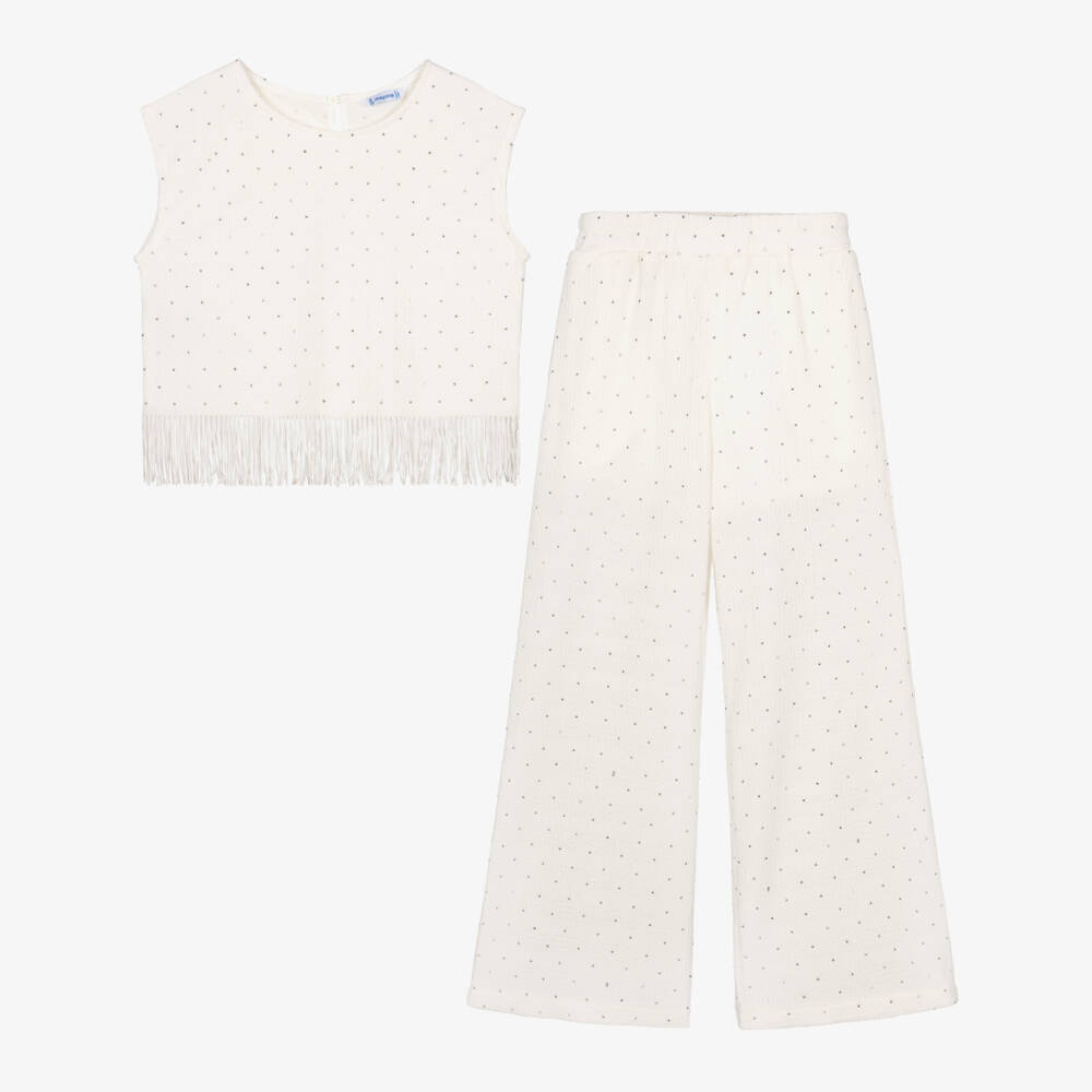 Mayoral-Girls Ivory Diamanté Fringed Trouser Set | Childrensalon