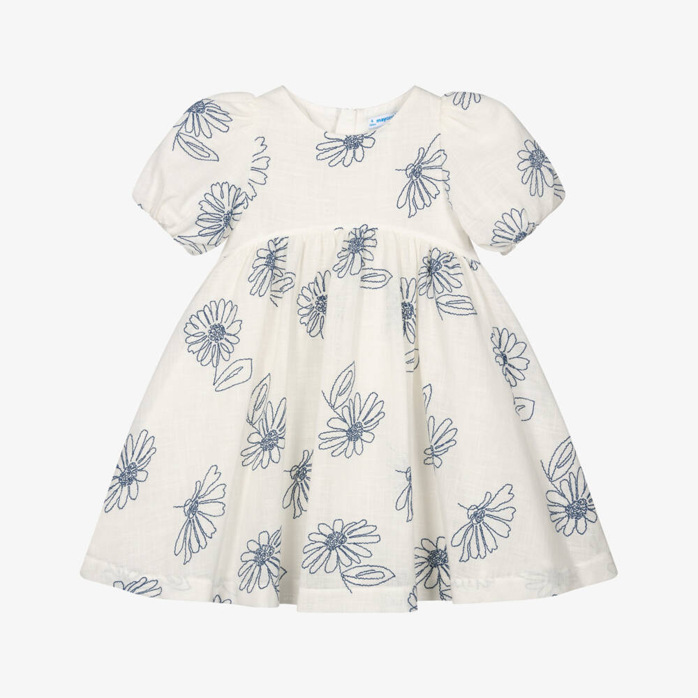 Mayoral-Girls Ivory Dress with Embroidered Blue Flowers | Childrensalon