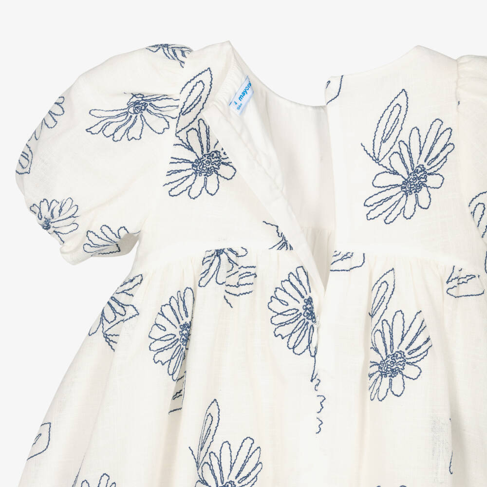 Mayoral-Girls Ivory Dress with Embroidered Blue Flowers | Childrensalon
