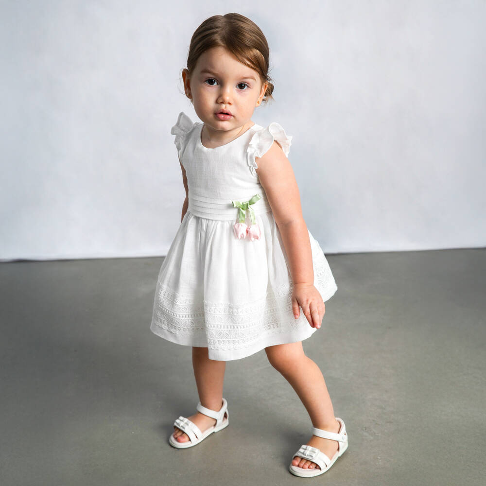 Mayoral-Girls Ivory Dress with Satin Flowers & Lace Trim | Childrensalon