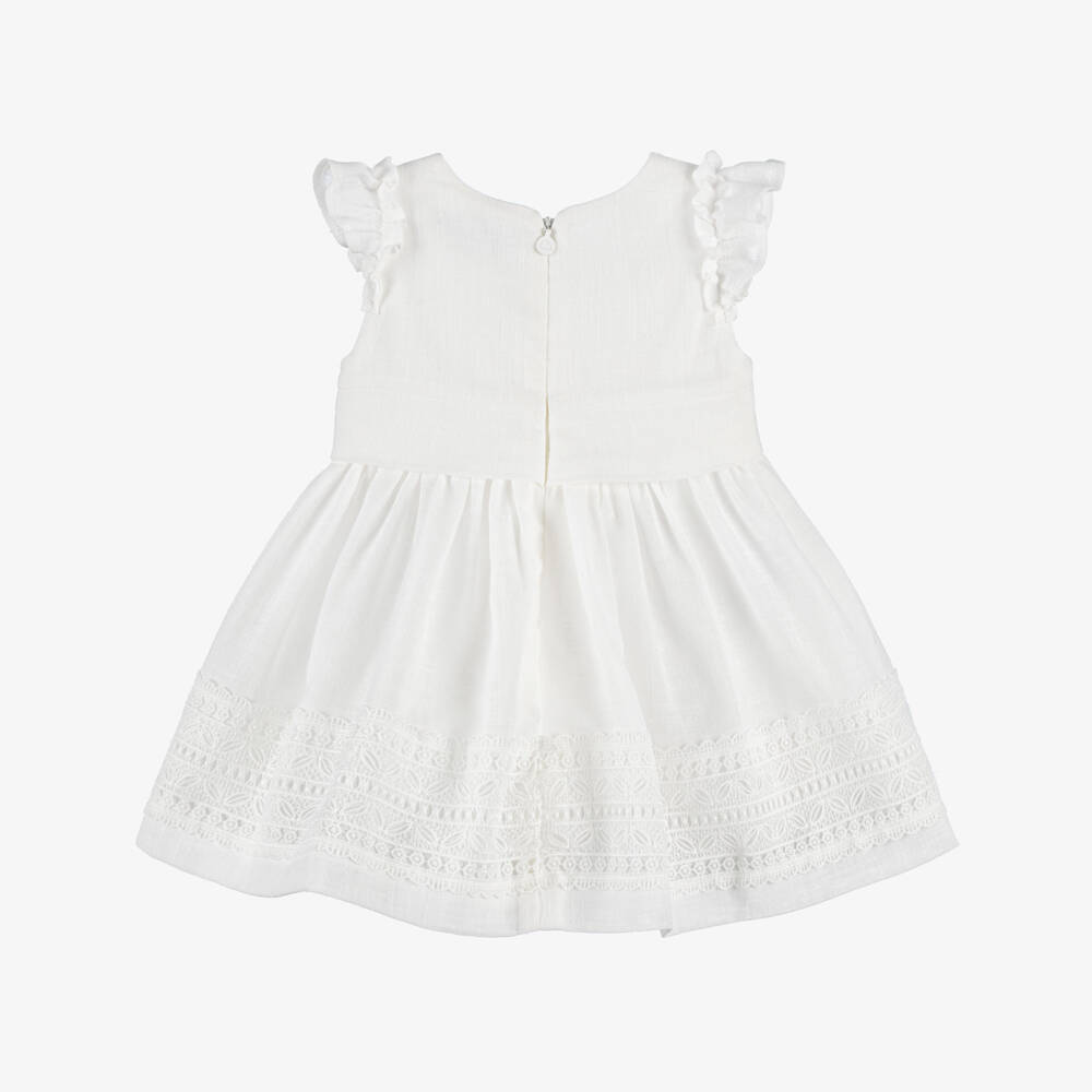 Mayoral-Girls Ivory Dress with Satin Flowers & Lace Trim | Childrensalon
