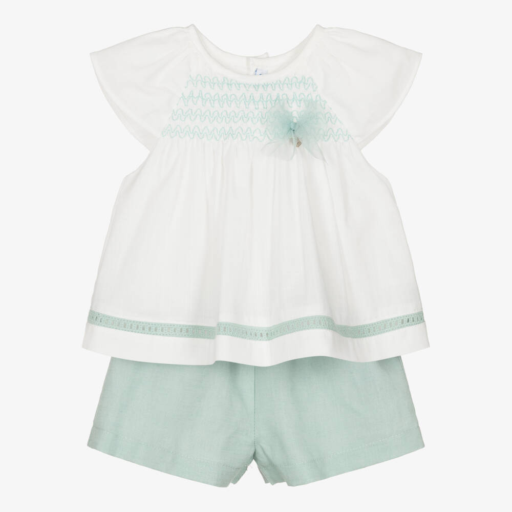Mayoral-Girls Ivory Embroidered Top & Green Shorts Set | Childrensalon