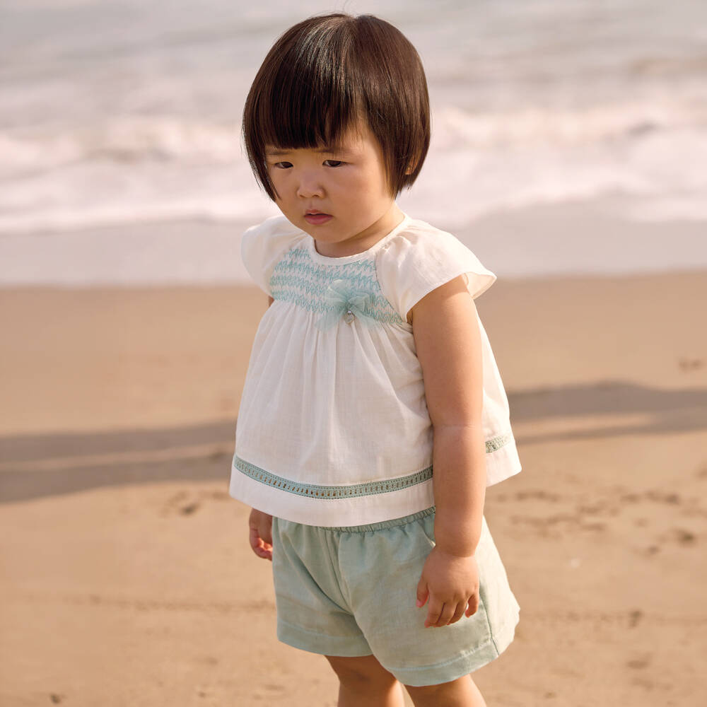 Mayoral-Girls Ivory Embroidered Top & Green Shorts Set | Childrensalon
