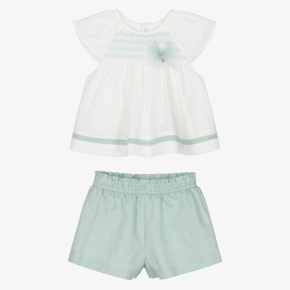 Mayoral-Girls Ivory Embroidered Top & Green Shorts Set | Childrensalon