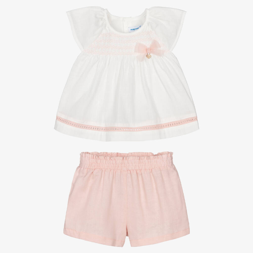 Mayoral-Girls Ivory Embroidered Top & Pink Shorts Set | Childrensalon