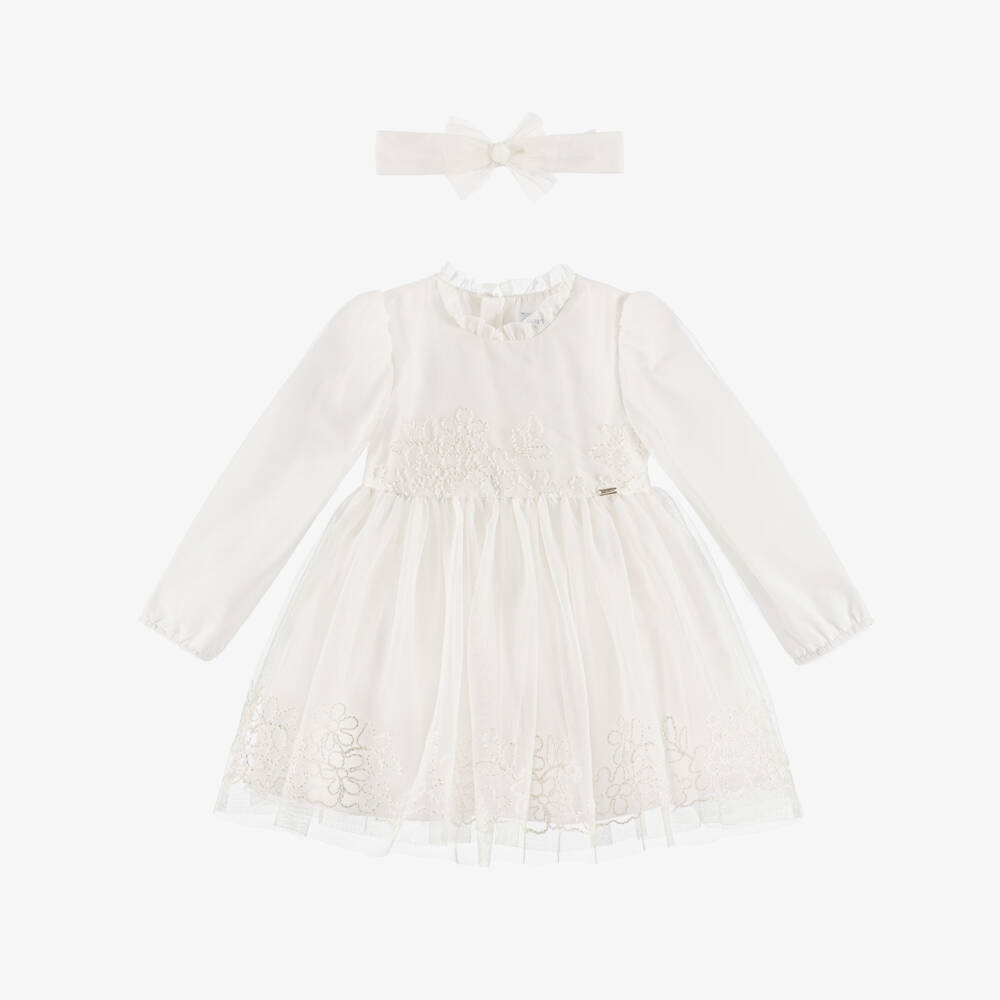 Mayoral-Girls Ivory Embroidered Tulle Dress & Headband Set | Childrensalon