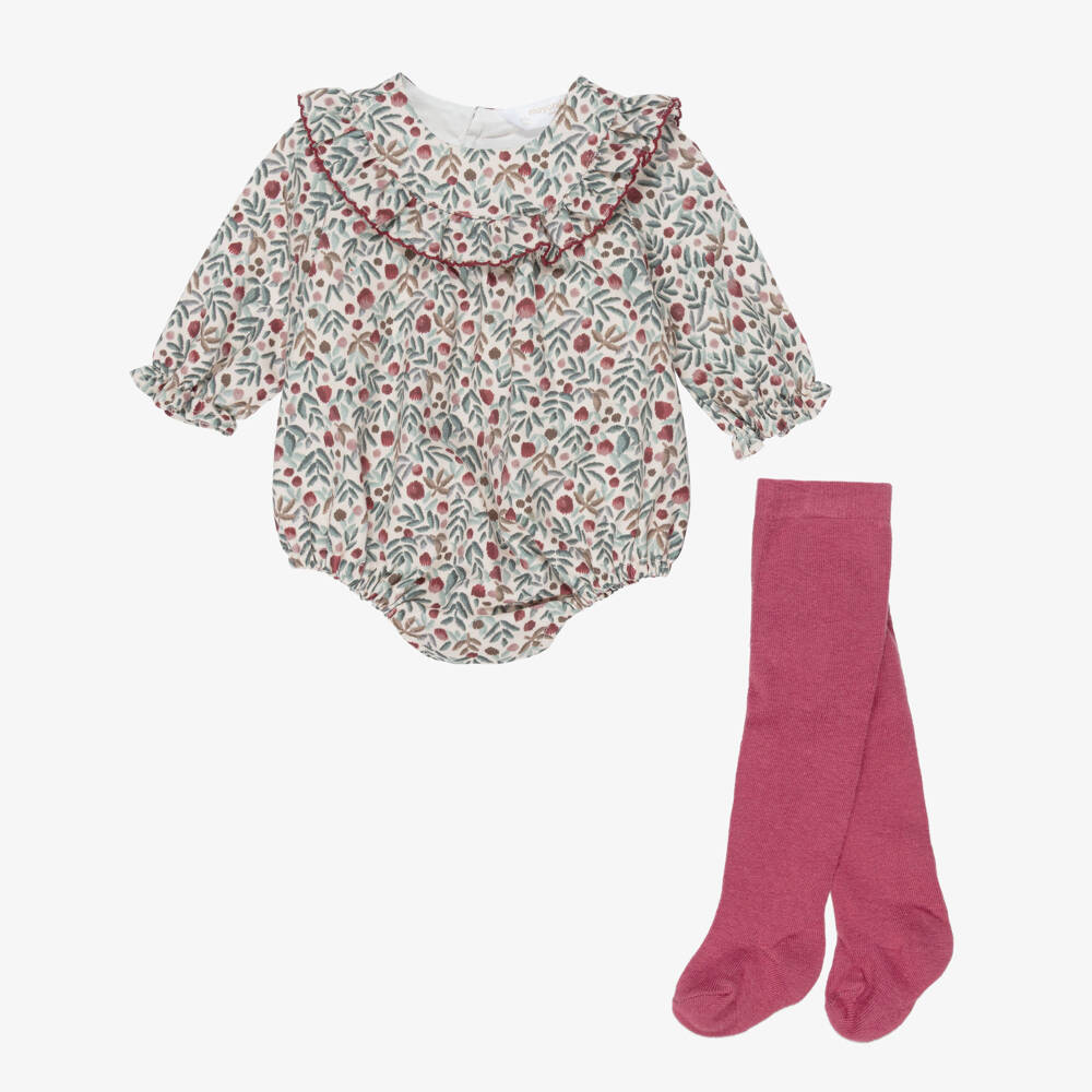 Mayoral Newborn-Girls Ivory Floral Print Shortie & Pink Tights Set | Childrensalon