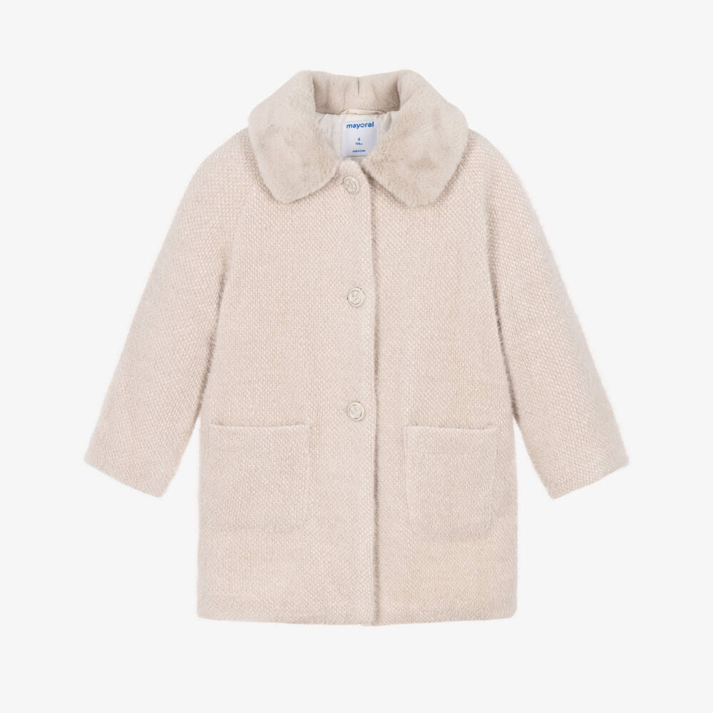 Mayoral-Girls Ivory Fluffy Coat with Plush Collar | Childrensalon
