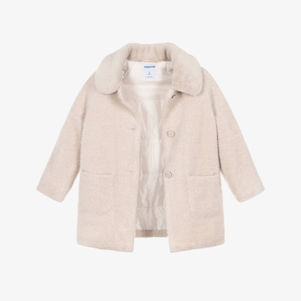 Mayoral-Girls Ivory Fluffy Coat with Plush Collar | Childrensalon