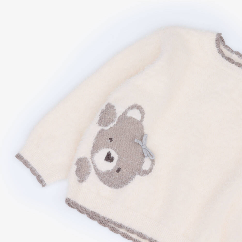 Mayoral-Girls Ivory Fluffy Knit Bear Sweater | Childrensalon