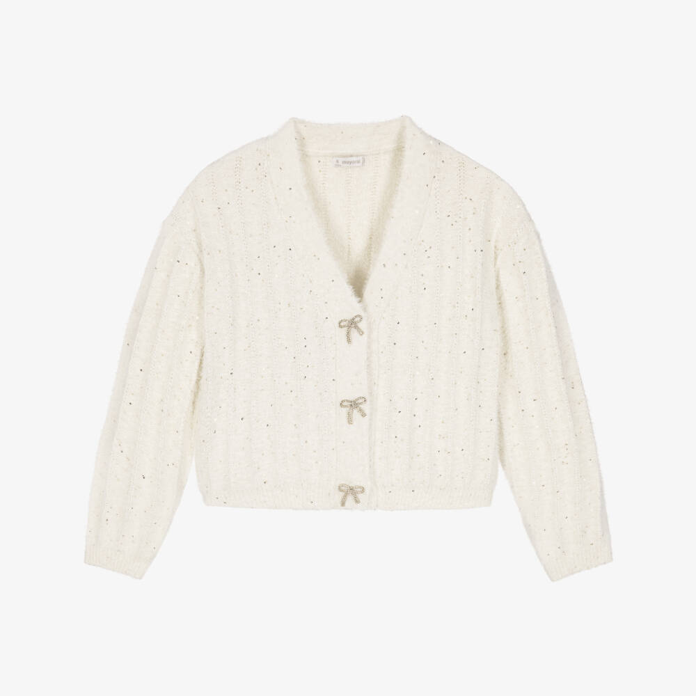 Mayoral-Girls Ivory Fluffy Knit Sparkly Cardigan | Childrensalon