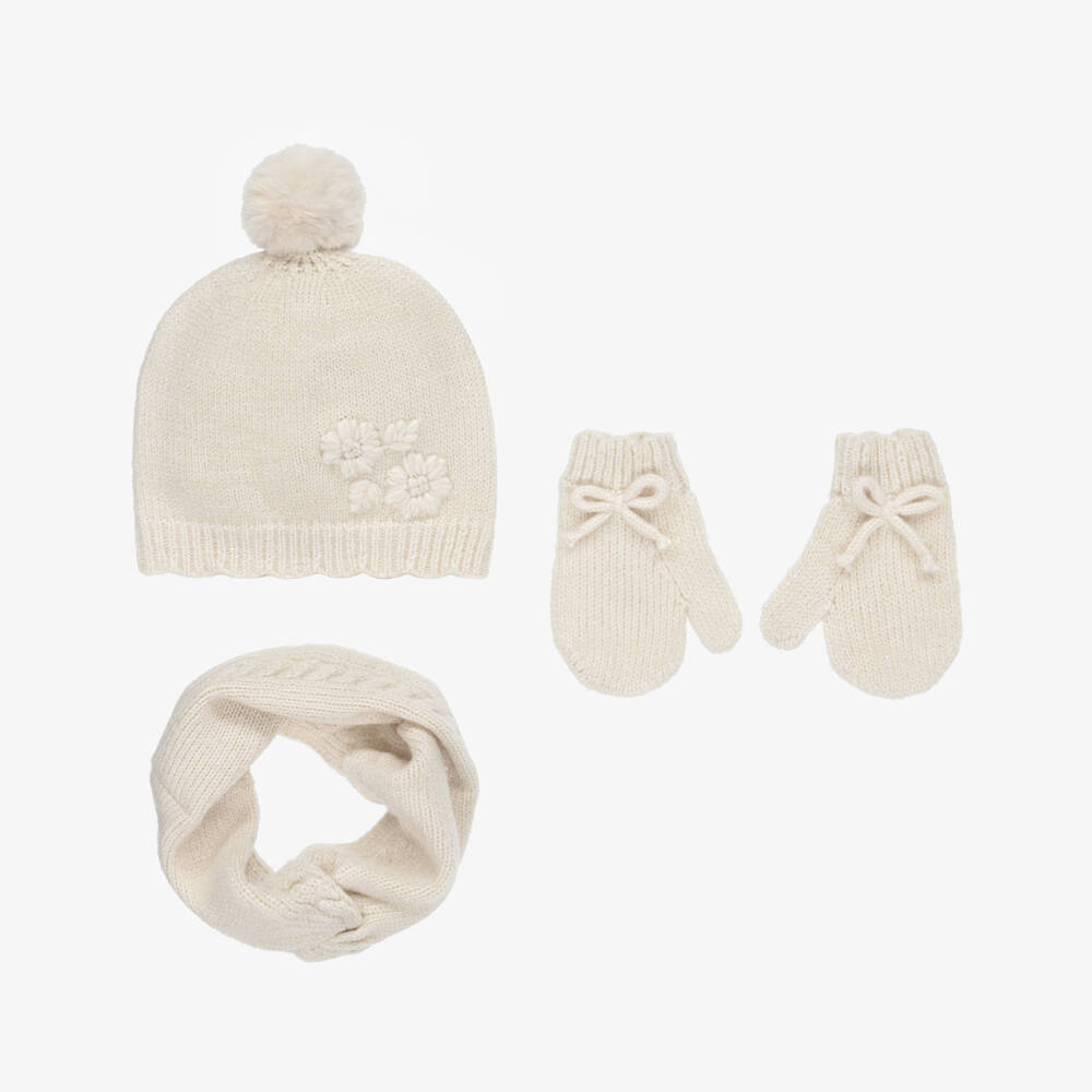 Mayoral-Girls Ivory Glitter Knitted Hat, Scarf & Mittens Set | Childrensalon