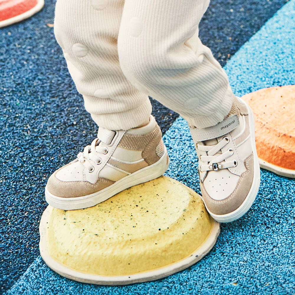 Mayoral-Girls Ivory & Gold Faux Leather Velcro Trainers | Childrensalon