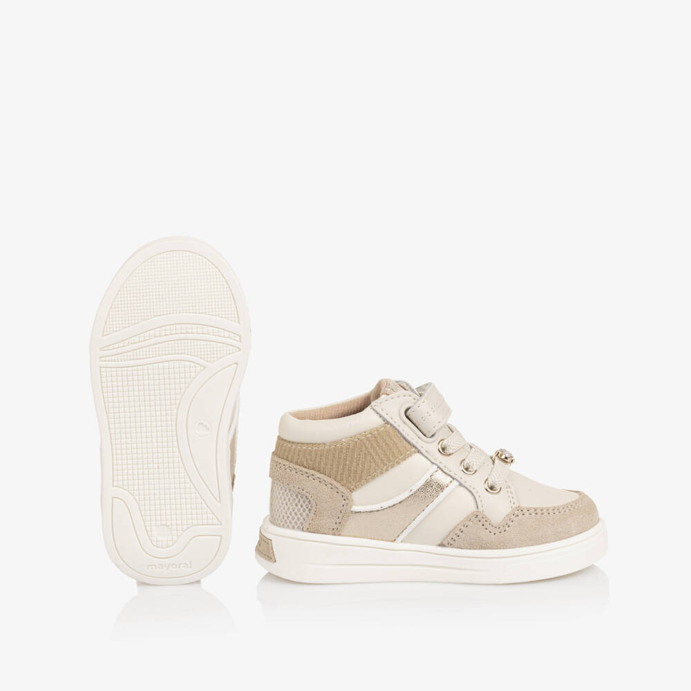 Mayoral-Girls Ivory & Gold Faux Leather Velcro Trainers | Childrensalon