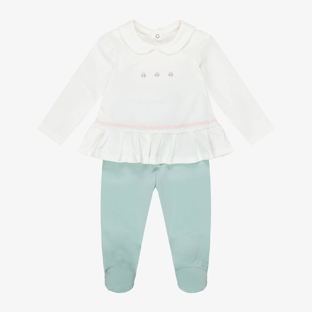 Mayoral Newborn-أفارول بيبي غرو بقطعتين قطن لون عاجي وأخضر للبنات | Childrensalon