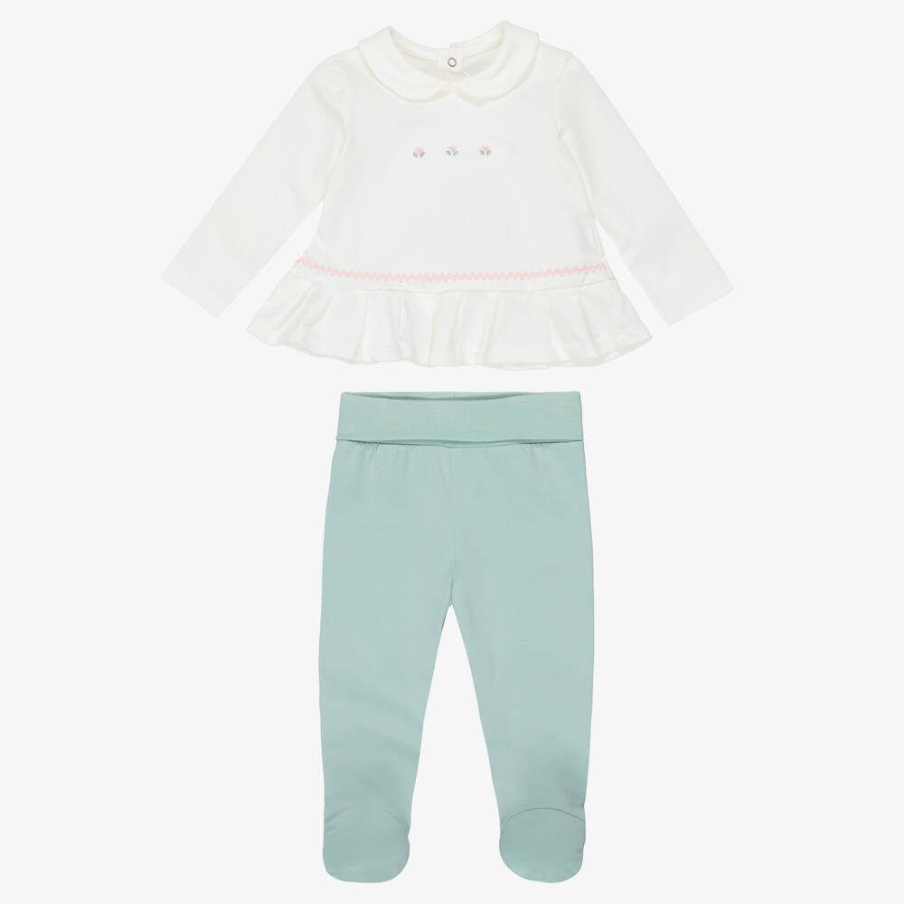 Mayoral Для новорожденных-Girls Ivory & Green Cotton 2 Piece Babygrow | Childrensalon