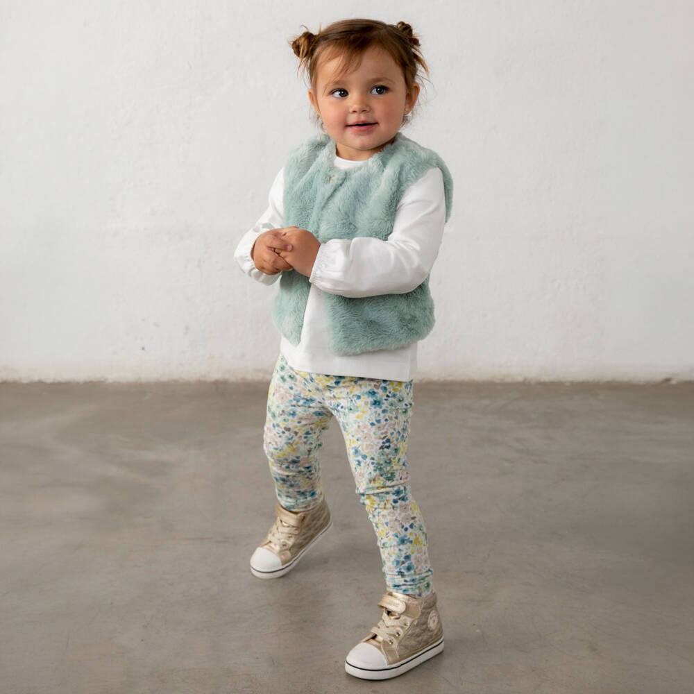 Mayoral-Girls Ivory & Green Floral Leggings Set with Gilet | Childrensalon