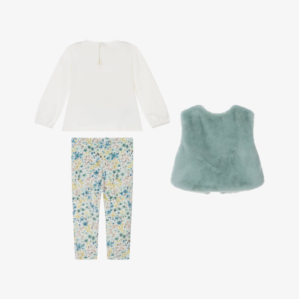 Mayoral-Girls Ivory & Green Floral Leggings Set with Gilet | Childrensalon