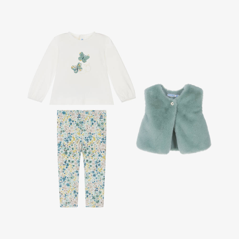 Mayoral-Girls Ivory & Green Floral Leggings Set with Gilet | Childrensalon