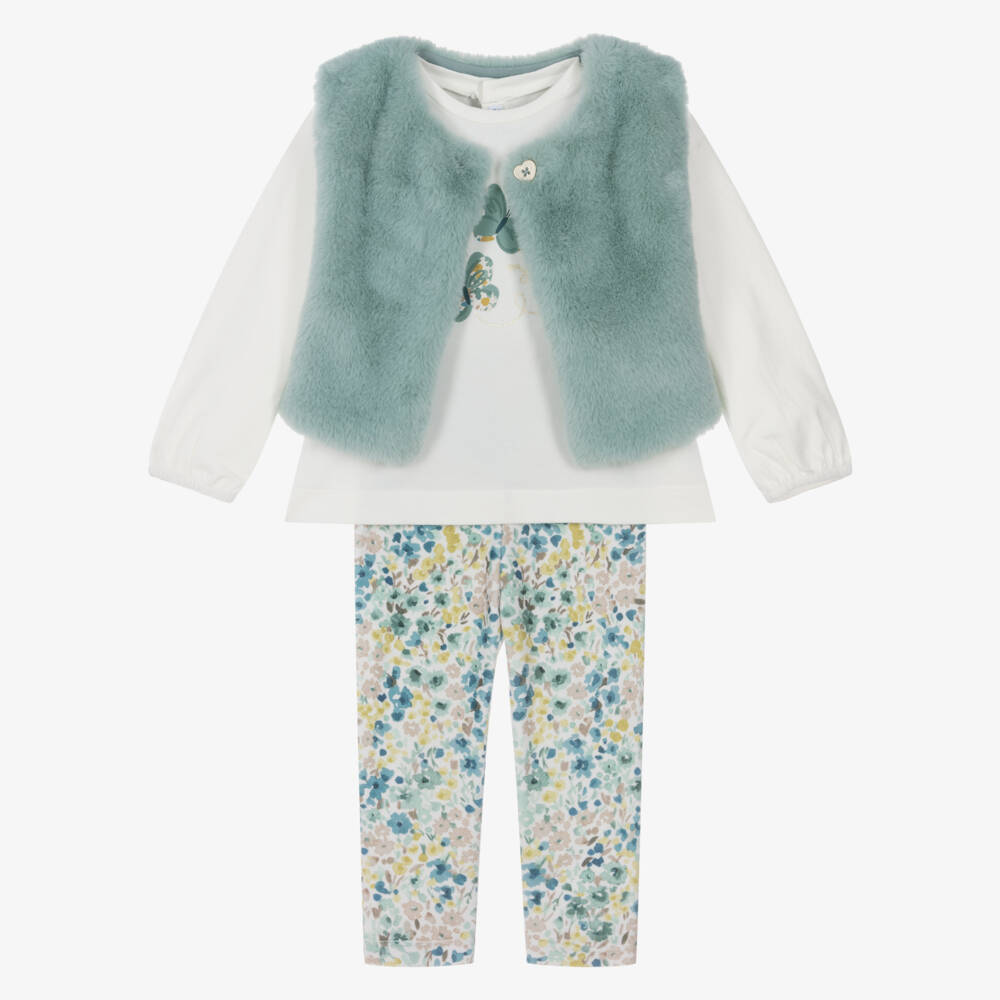 Mayoral-Girls Ivory & Green Floral Leggings Set with Gilet | Childrensalon