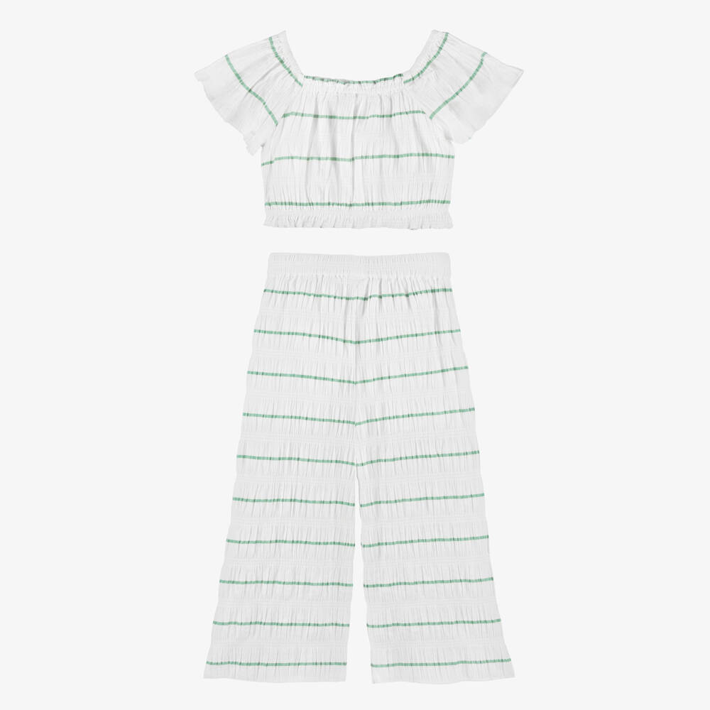 Mayoral-Girls Ivory & Green Striped Cotton Trouser Set | Childrensalon