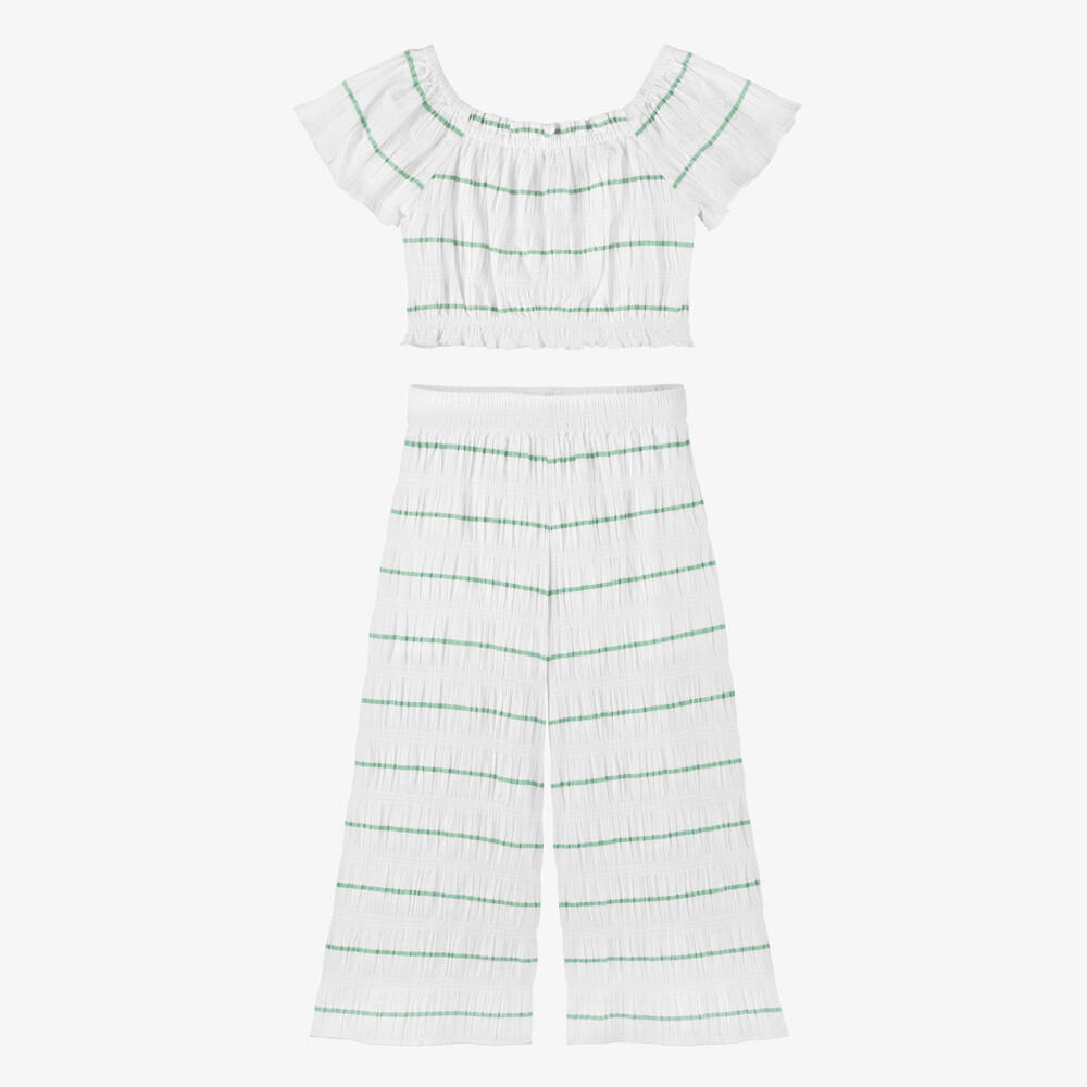 Mayoral-Girls Ivory & Green Striped Cotton Trouser Set | Childrensalon
