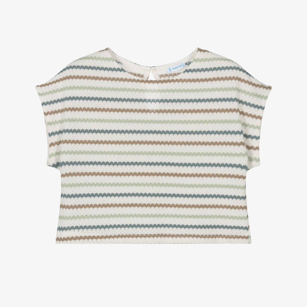 Mayoral-Girls Ivory & Green Striped Crochet Top | Childrensalon