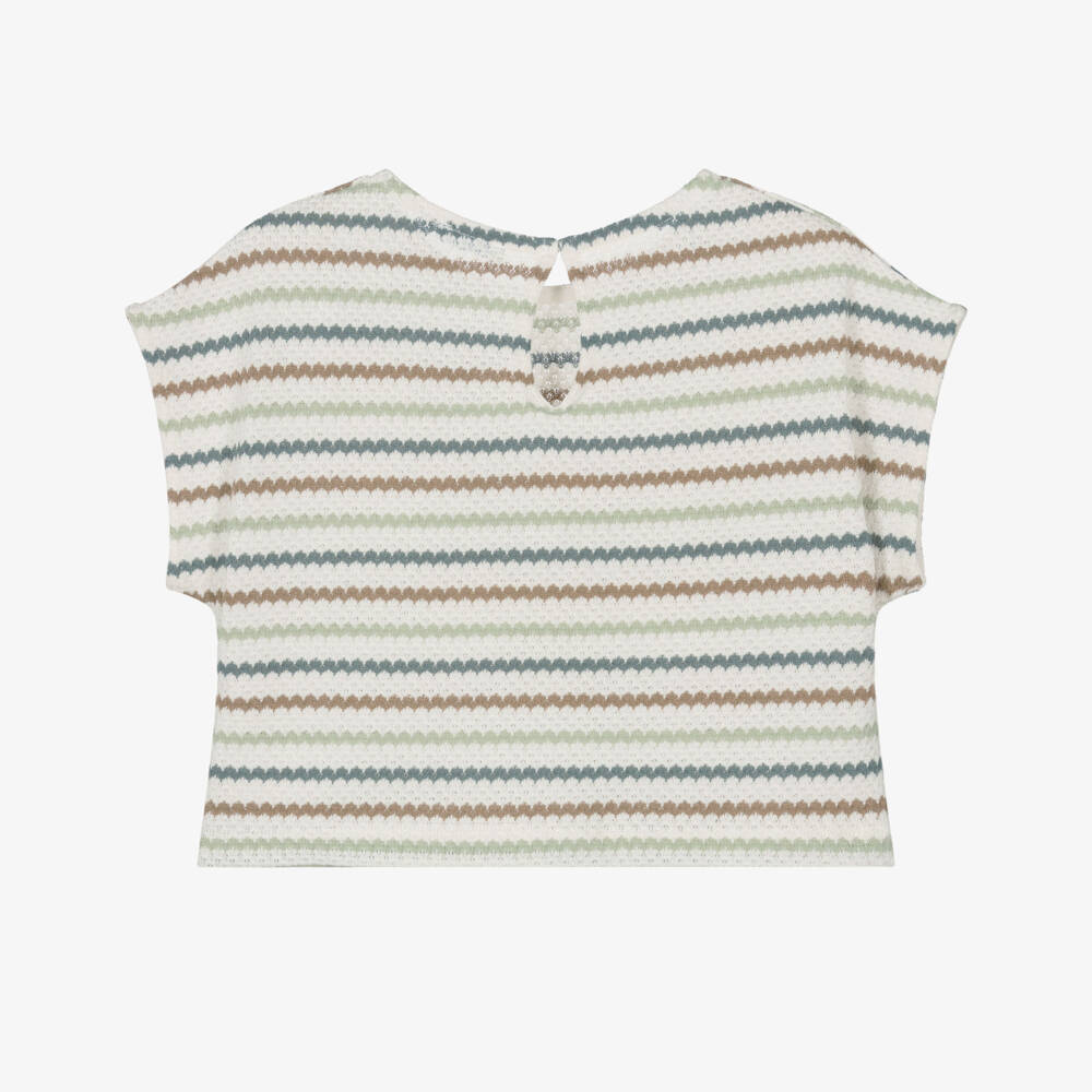 Mayoral-Girls Ivory & Green Striped Crochet Top | Childrensalon