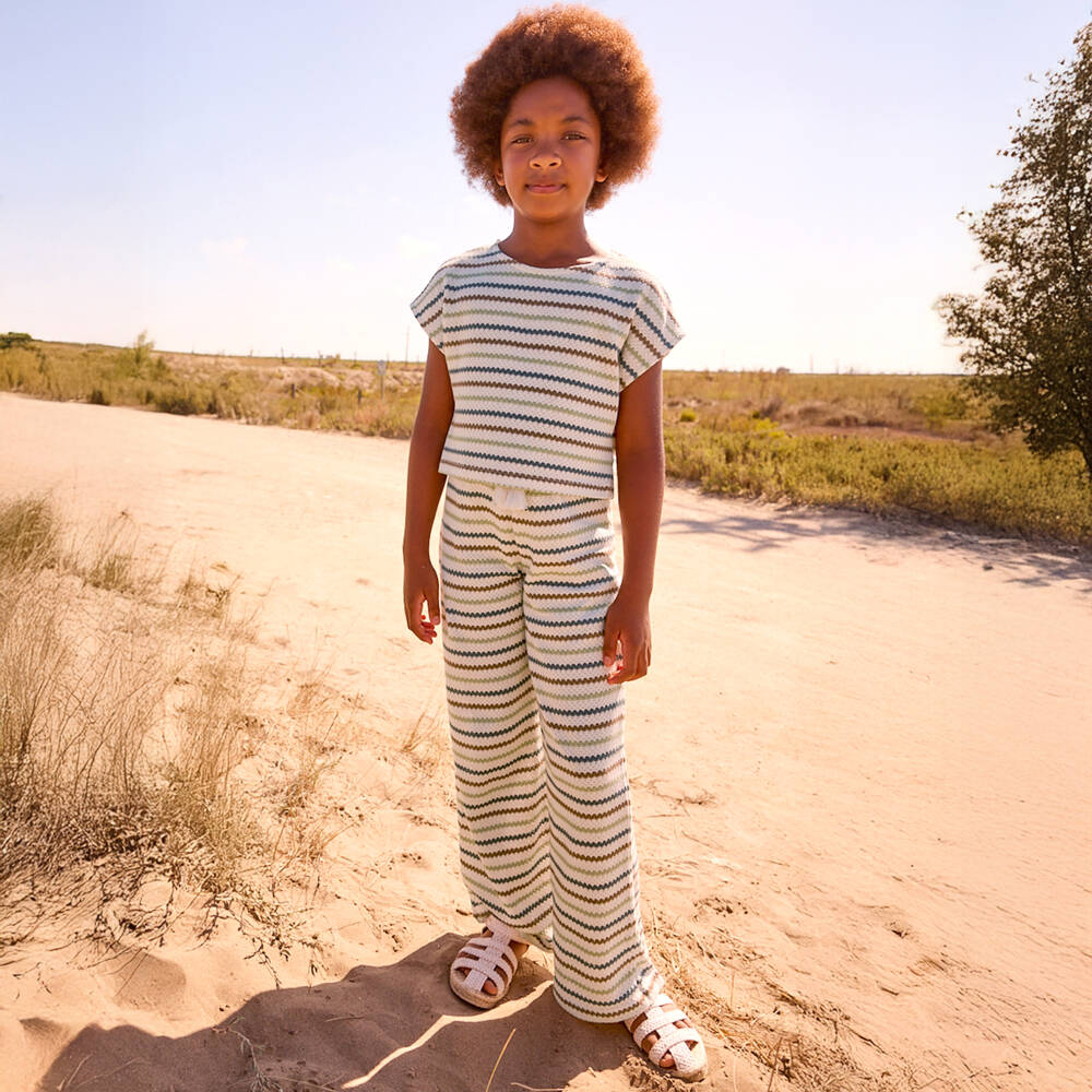 Mayoral-Girls Ivory & Green Striped Crochet Trousers | Childrensalon
