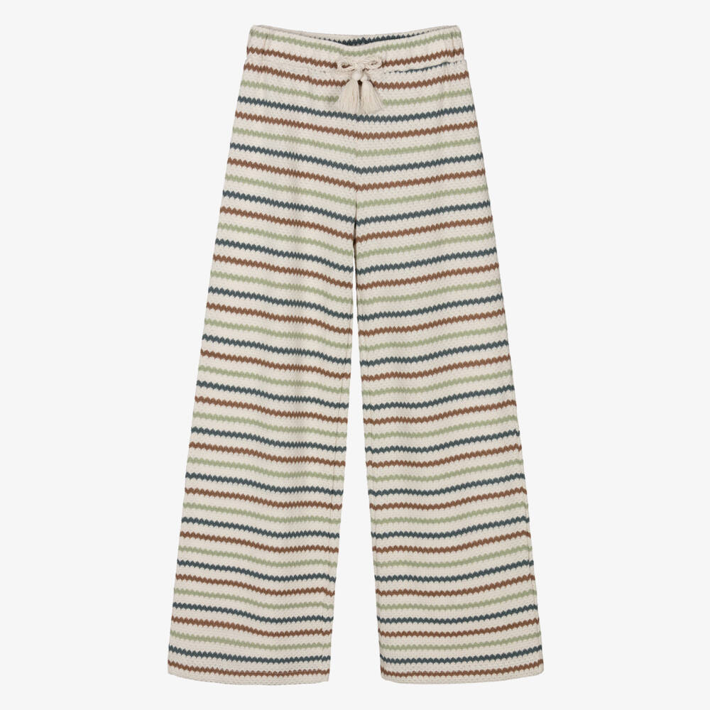 Mayoral-Girls Ivory & Green Striped Crochet Trousers | Childrensalon
