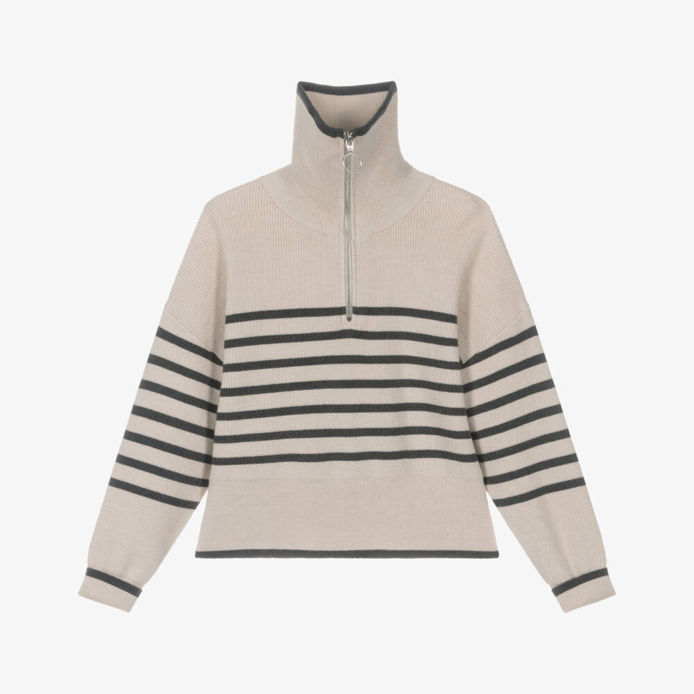 Mayoral-Girls Ivory & Grey Stripe Knitted Trouser Set | Childrensalon