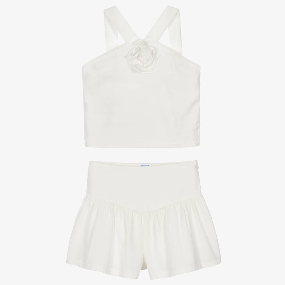 Mayoral-Girls Ivory Halterneck Top & Shorts Set with Appliqué Flower | Childrensalon