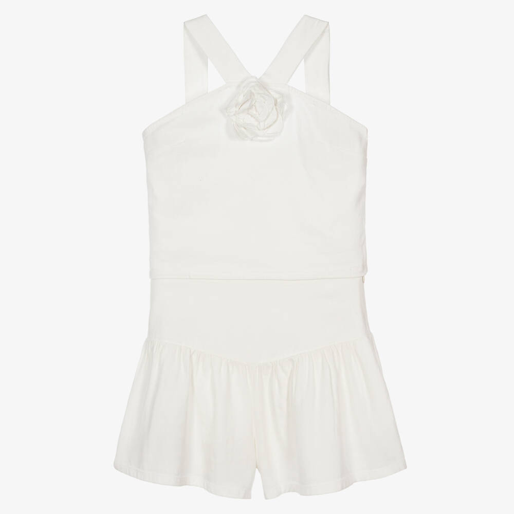 Mayoral-Girls Ivory Halterneck Top & Shorts Set with Appliqué Flower | Childrensalon