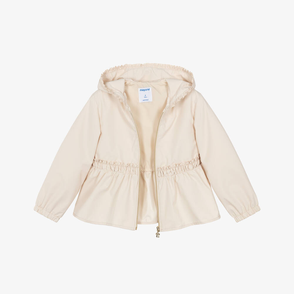 Mayoral-Girls Ivory Hooded Jacket with Ruffles | Childrensalon