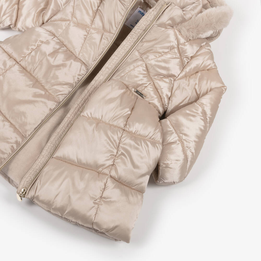 Mayoral-Girls Ivory Hooded Puffer Coat with Faux Fur Trim | Childrensalon