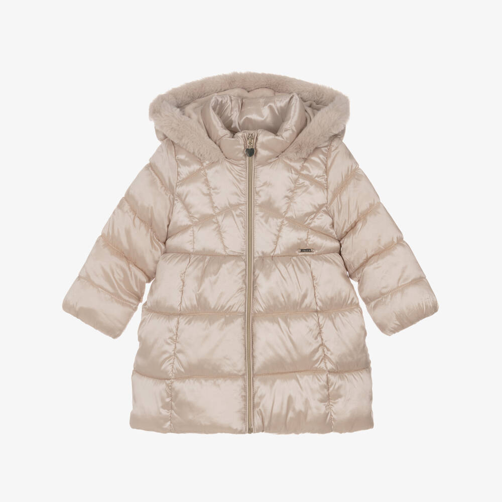 Mayoral-Girls Ivory Hooded Puffer Coat with Faux Fur Trim | Childrensalon