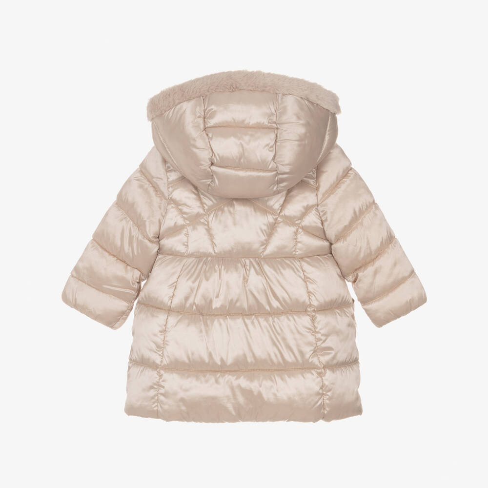 Mayoral-Girls Ivory Hooded Puffer Coat with Faux Fur Trim | Childrensalon