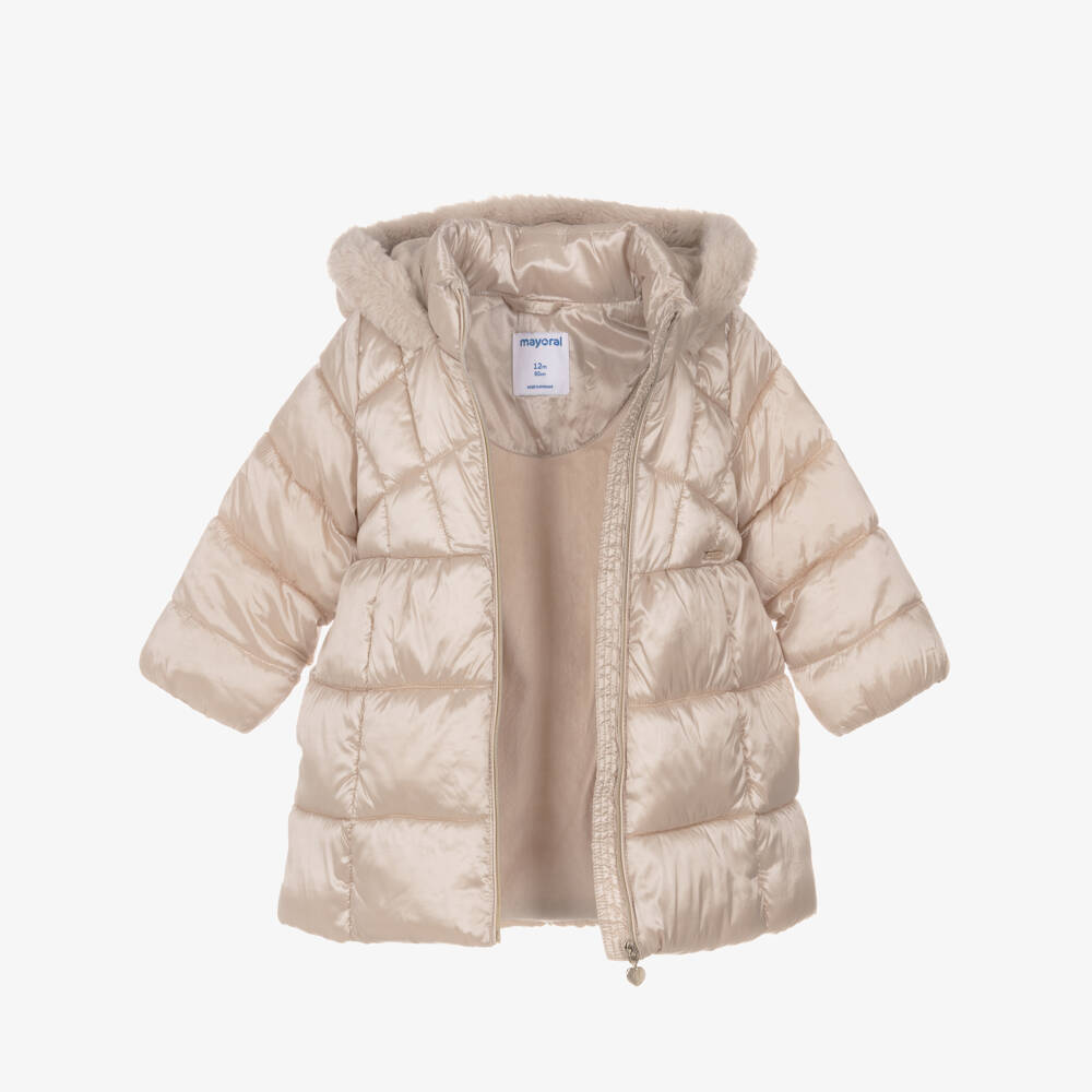 Mayoral-Girls Ivory Hooded Puffer Coat with Faux Fur Trim | Childrensalon