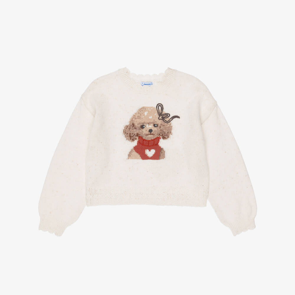 Mayoral-Girls Ivory Intarsia Knit Puppy Sweater | Childrensalon