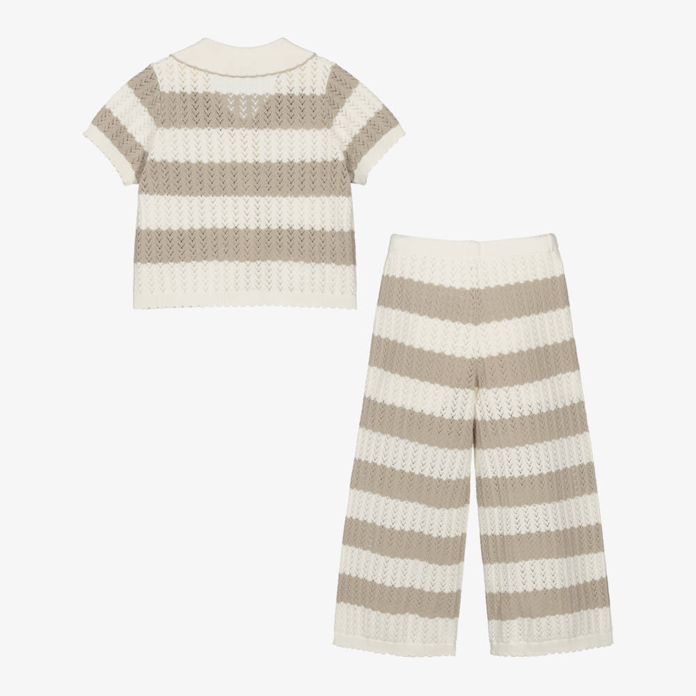 Mayoral-Girls Ivory & Ivory Striped Lacy Knit Trouser Set | Childrensalon