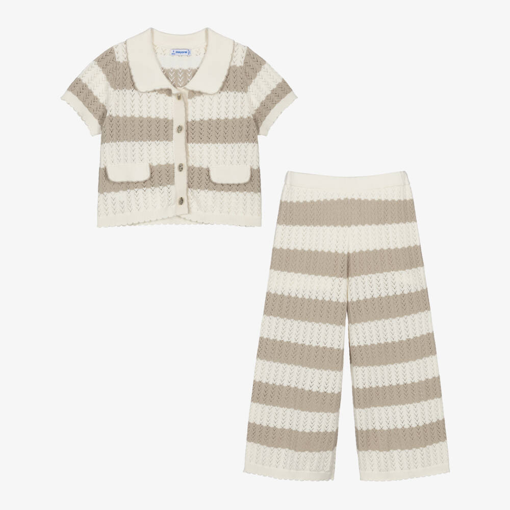 Mayoral-Girls Ivory & Ivory Striped Lacy Knit Trouser Set | Childrensalon