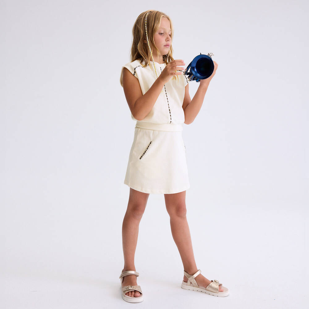 Mayoral-Girls Ivory Jersey Skirt Set with Leopard Print Trims | Childrensalon